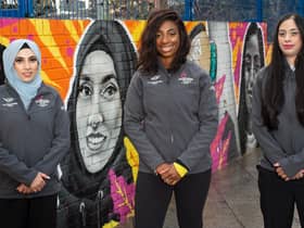 Haseebah Abdullah, Kadeena Cox, and Salma Bi at the Queen's Baton Relay Mural in Birmingham. Photo supplied by Birmingham 2022