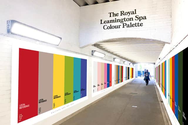 The Royal Leamington Spa Colour Palettes art piece will be made up of number of large colour swatches with each one representing and celebrating one of seven themes relating to the town. Graphic supplied