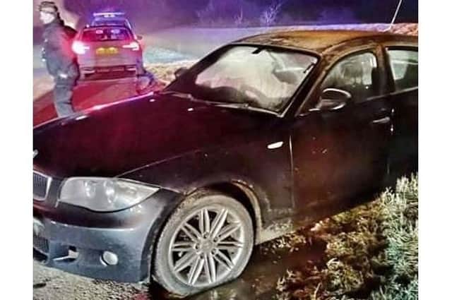 A careless driver abandoned their car in a dangerous position on a country road in thick fog after failing to carry out a three-point turn. Photo by Warwickshire Rural Crime Team.
