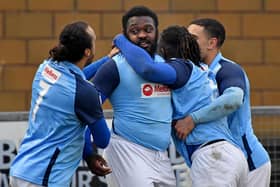Scorer Danico Johnson celebrates the first Town goal   PICTURES BY MARTIN PULLEY