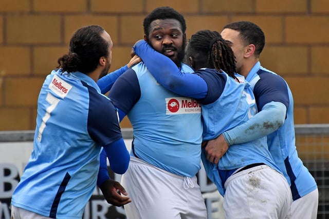 Scorer Danico Johnson celebrates the first Town goal   PICTURES BY MARTIN PULLEY