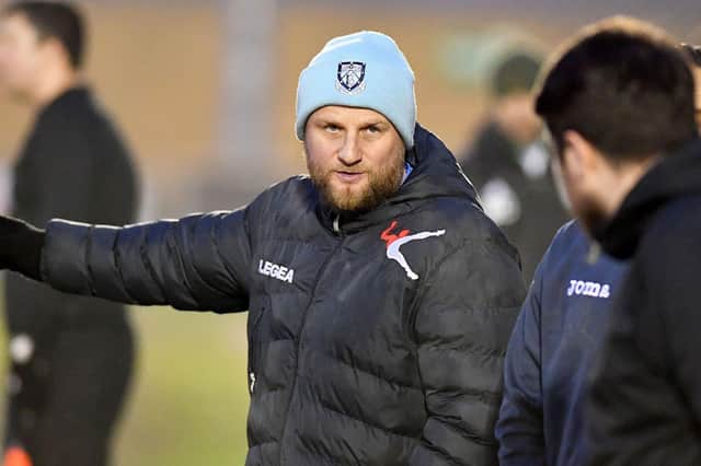 Rugby Town manager Carl Adams at his side's fourth-round FA Vase success over Lakenheath PICTURE BY MARTIN PULLEY