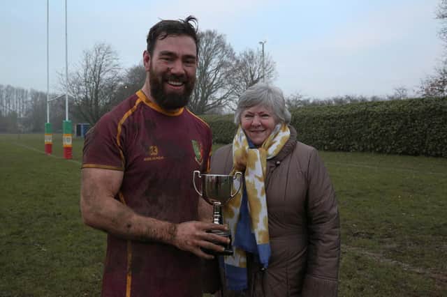 The presentation of the Brian White Cup by Brian's widow Cath White to OLs skipper Dom Hammond, captaining the side in the injury absence of Charlie Seager