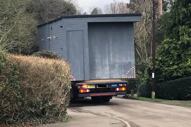 One of the cabins, or 'pods' waits outside the entrance. Photo taken last week when we went to have a look at the site.