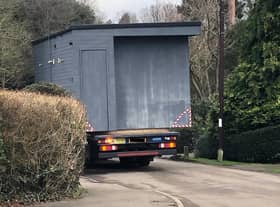 One of the cabins, or 'pods' waits outside the entrance. Photo taken last week when we went to have a look at the site.