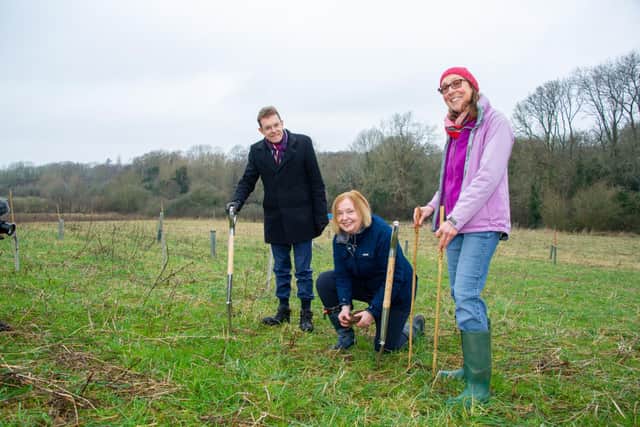 Cllr Heather Timms, Warwickshire’s portfolio lead on climate, joined Andy Street, the Mayor of the West Midlands and Kristie Naimo, director at ARC (Achieving Results in Communities) at The Children’s Forest at Leasowe Farm in Radford Semele