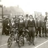 Look at these road-hogging cyclists! A cycle touring club at a procession in Rugby in the early thirties.