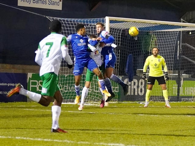 Action from the Rocks' 3-1 Isthmian premier defeat at Bishop's Stortford / Pictures: Trevor Staff