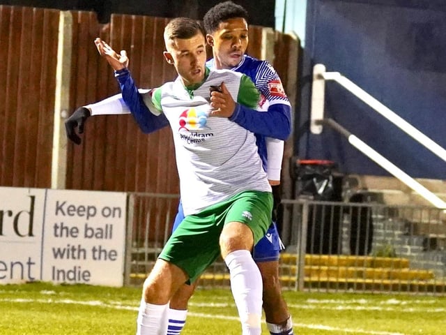 Action from the Rocks' 3-1 Isthmian premier defeat at Bishop's Stortford / Pictures: Trevor Staff