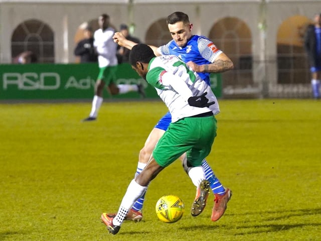Action from the Rocks' 3-1 Isthmian premier defeat at Bishop's Stortford / Pictures: Trevor Staff