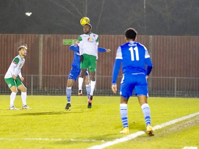 Action from the Rocks' 3-1 Isthmian premier defeat at Bishop's Stortford / Pictures: Trevor Staff