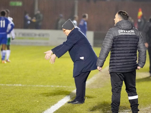Action from the Rocks' 3-1 Isthmian premier defeat at Bishop's Stortford / Pictures: Trevor Staff