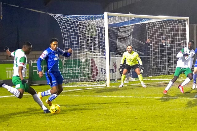 Action from the Rocks' 3-1 Isthmian premier defeat at Bishop's Stortford / Pictures: Trevor Staff