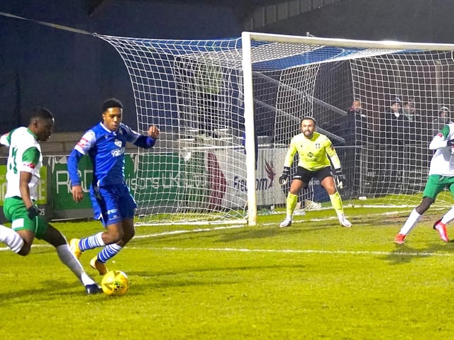 Action from the Rocks' 3-1 Isthmian premier defeat at Bishop's Stortford / Pictures: Trevor Staff