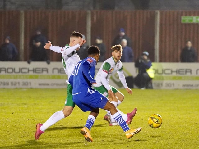 Action from the Rocks' 3-1 Isthmian premier defeat at Bishop's Stortford / Pictures: Trevor Staff