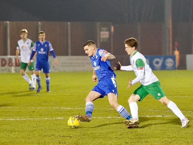 Action from the Rocks' 3-1 Isthmian premier defeat at Bishop's Stortford / Pictures: Trevor Staff