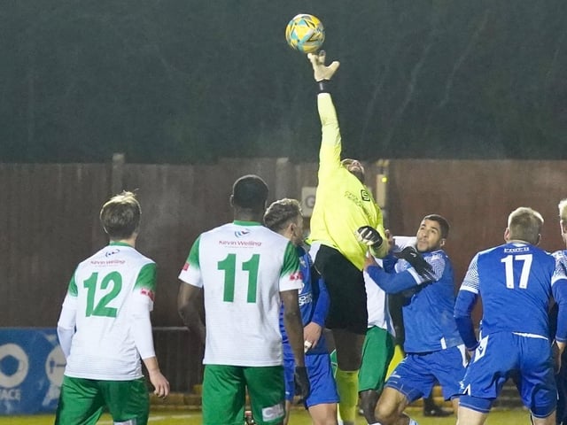 Action from the Rocks' 3-1 Isthmian premier defeat at Bishop's Stortford / Pictures: Trevor Staff