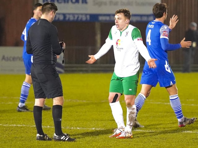 Action from the Rocks' 3-1 Isthmian premier defeat at Bishop's Stortford / Pictures: Trevor Staff