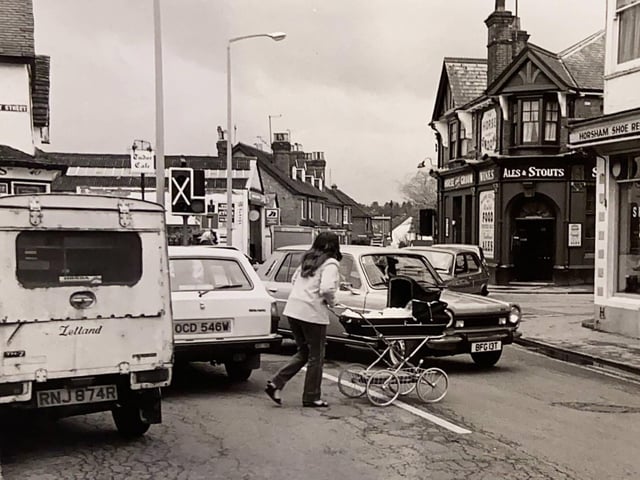 The junction of East Street and Park Street in Horsham, 1982