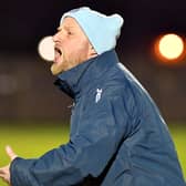 Rugby Town manager Carl Adams issuing instructions to the defence in their 1-0 win over Cogenhoe last weekend   PICTURE BY MARTIN PULLEY