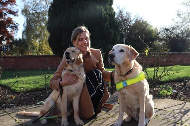 Guide Dog puppy in training Pudding, General Manager at The Arden Hotel Josefine Blomqvist, and working Guide Dog Elliot