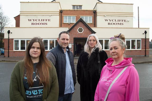 Layla-Beth Burdett, Mark Cleary., Fiona Macdonald and Lisa Nelson (Mabbett) outside their meeting place in Lutterworth. Photo by Andrew Carpenter.