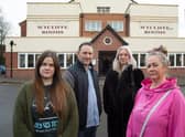 Layla-Beth Burdett, Mark Cleary., Fiona Macdonald and Lisa Nelson (Mabbett) outside their meeting place in Lutterworth. Photo by Andrew Carpenter.