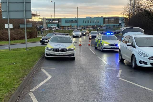 Police were called just after 7am to a report of a collision involving a pedestrian and a car on the A425 Europa Way, between the McDonalds roundabout and Morrisons roundabout. Photo by OPU Warwickshire.