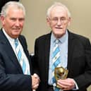 Director Mike Yeats has paid tribute to lifelong fan and volunteer Jim Dand, who has died at the ageof 94. They are pictured at Rugby Town’s awards evening in 2017 at the presentation of the Kit Dand memorial trophy for supporters’ player of the year.  Jim’s wife Kit was also a loyal supporter of the club.  ( Picture by Martin Pulley )