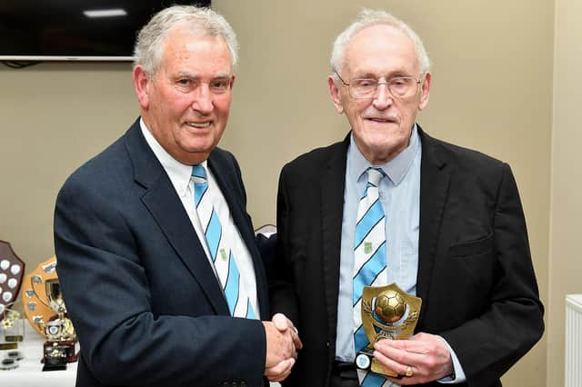 Director Mike Yeats has paid tribute to lifelong fan and volunteer Jim Dand, who has died at the ageof 94. They are pictured at Rugby Town’s awards evening in 2017 at the presentation of the Kit Dand memorial trophy for supporters’ player of the year.  Jim’s wife Kit was also a loyal supporter of the club.  ( Picture by Martin Pulley )