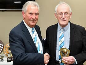 Director Mike Yeats has paid tribute to lifelong fan and volunteer Jim Dand, who has died at the ageof 94. They are pictured at Rugby Town’s awards evening in 2017 at the presentation of the Kit Dand memorial trophy for supporters’ player of the year.  Jim’s wife Kit was also a loyal supporter of the club.  ( Picture by Martin Pulley )