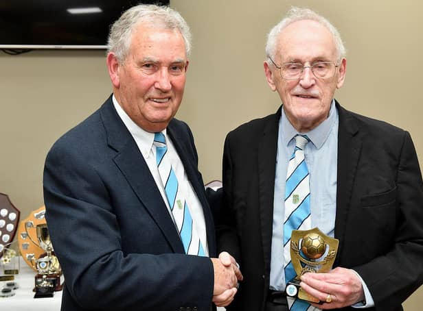 Director Mike Yeats has paid tribute to lifelong fan and volunteer Jim Dand, who has died at the ageof 94. They are pictured at Rugby Town’s awards evening in 2017 at the presentation of the Kit Dand memorial trophy for supporters’ player of the year.  Jim’s wife Kit was also a loyal supporter of the club.  ( Picture by Martin Pulley )