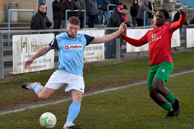 Rugby Town's top scorer David Kolodynski in last week's win over Coventry United as they prepare for their fifth round Buildbase FA Vase game on February 12 (Picture by Martin Pulley)