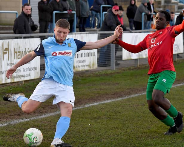 Rugby Town's top scorer David Kolodynski in last week's win over Coventry United as they prepare for their fifth round Buildbase FA Vase game on February 12  (Picture by Martin Pulley)