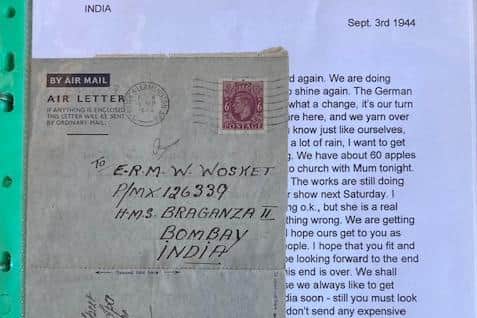 A letter sent by air mail from the parents of William Wosket to their son while he served in India during the Second World War.