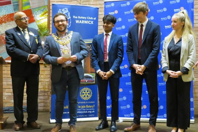 Senior winning team from Princethorpe College: Pratheesh Prabakaran, Toby Peniton and Annabel Koster, with Warwick Rotary President Paul Jaspal, and Warwick Mayor Cllr Richard Edgington. Photo supplied