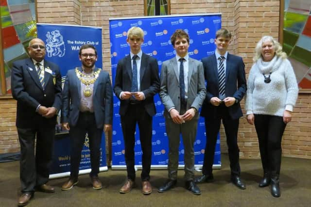 Senior runners up from Warwick School, Edward Pollock, Atticus Walton, Josh Turner, with Warwick Rotary President Paul Jaspal, Warwick Mayor, Cllr Richard Edgington. Photo supplied