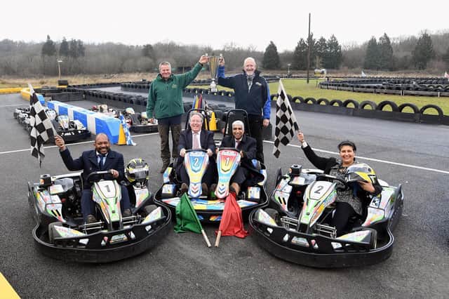 Back, from the left, Steve Richardson (Adventure Sports), Steve Stretton (Mr Karting). Middle, from the left: David Owen (CWRT), Zamurad Hussain (CWLEP). Front, from the left: Martin Nwangwa (CWLEP Growth Hub) and Cllr Kam Kaur (Warwickshire County Council). Photo supplied