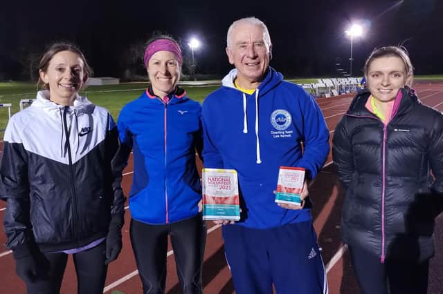 Les Barnett with three members of his training group. England Masters Cross Country International Kelly Edwards, GB International and European Championships100k bronze medalist Sue Harrison who Les has coached for 35 years and Ladies Team Captain and Warwickshire County Cross Country runner Zara Hadfield.