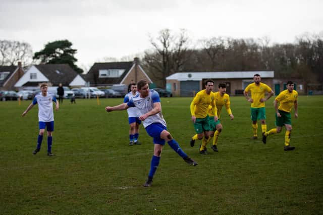 Simon Barby scoring from the penalty spot for Southam United v Kennington Athletic  (Picture by Rhian Tilley)