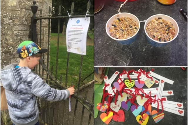 Left shows: Noah-jake Bowell hiding his heart decorations. Right  shows some of the decorations and the bird feeders he has been making. Photos supplied