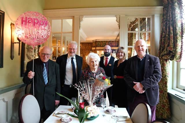 Mary Lock on her 99th birthday with her son Michael Lock, who lives near Nottingham, and daughter Jennifer Balfe, from Tile Hill, Coventry at Coombe Abbey Hotel.