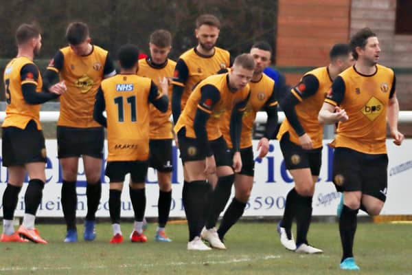Dan Turner celebrates scoring for Leamington against Chorley  PICTURE BY SALLY ELLIS