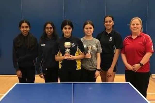 Under 16 girls; Daya Chima (third from left) winner; Susanna Swan (third from right); with trophies presented by Kate Hughes (Tournament Organiser).