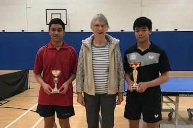 Wajid Wafiq (left) runner up, and Christopher Ho (right) winner, with trophies presented by Caroline Williams.