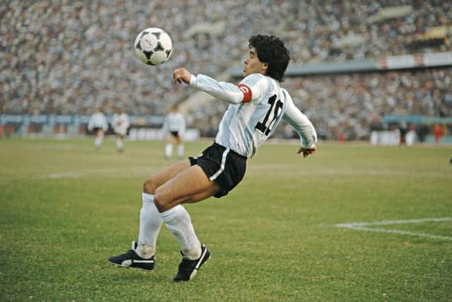 Diego Maradona Argentina 1985
LIMA, PERU - JUNE 23: Argentina player Diego Maradona in action during a 1986 FIFA World Cup qualifying match against Peru at the National Stadium on June 23, 1985 in Lima, Peru. (Photo by David Cannon/Allsport/Getty Images/Hulton Archive)