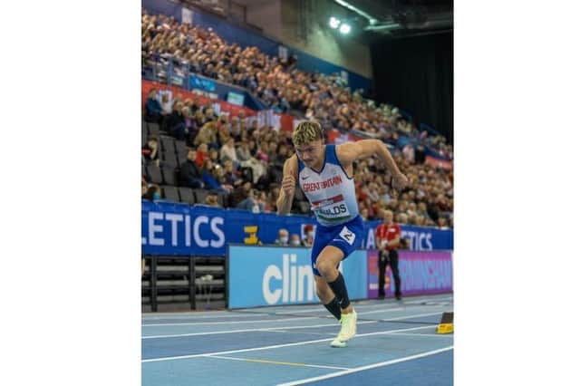 Ed Faulds competing in the 400m in Birmingham, clocking 46.16 for a new British and European Under 20s indoor record