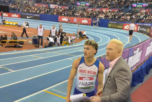 Ed Faulds being interviewed by outdoor 400m British record holder Iwan Thomas after the race