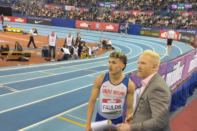 Ed Faulds being interviewed by  outdoor 400m British record holder Iwan Thomas after the race