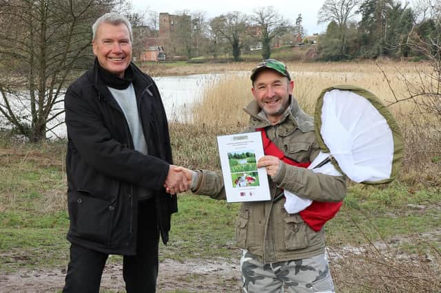 Steven Falk (right), a nationally-acclaimed entomologist, was commissioned by Friends of Abbey Fields to carry out a study of invertebrates living in the Fields. He is pictured here with Bart Bartmanis, the chair of Friends of Abbey Fields.